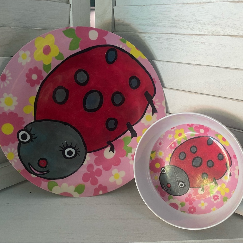 Kids Ladybug Emily Green Melamine Plate and Bowl Set